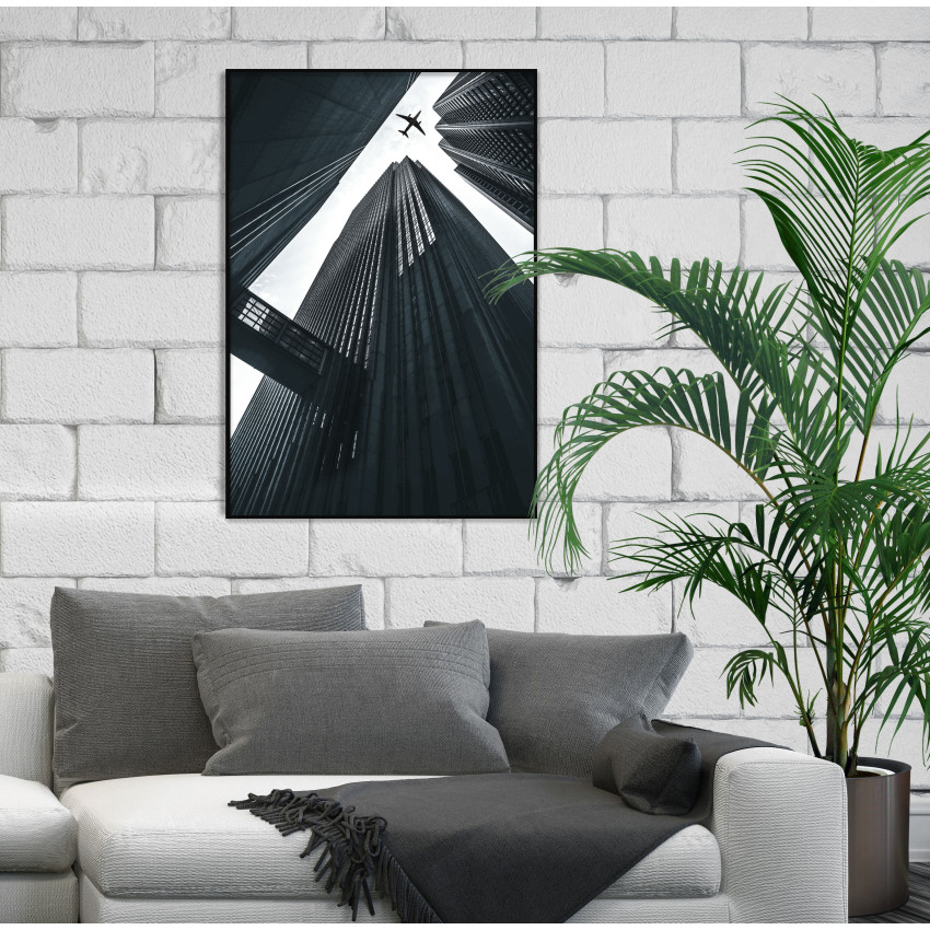 Skyscrapers and Airplane - Black and White Poster